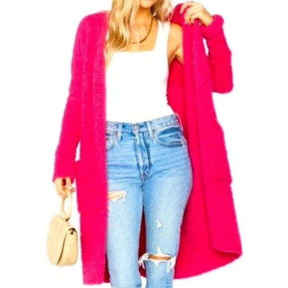 Show Me Your Mumu Clayton Cardigan Sweater Shocking Pink Cotton Longline Small - Picture 2 of 2